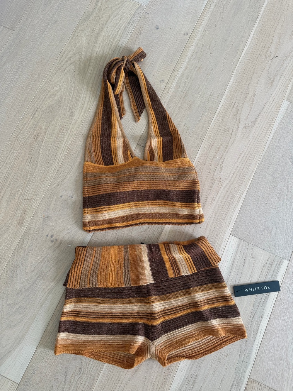 White Fox Boutique Brown & Tan Striped Knit Halter Crop Top